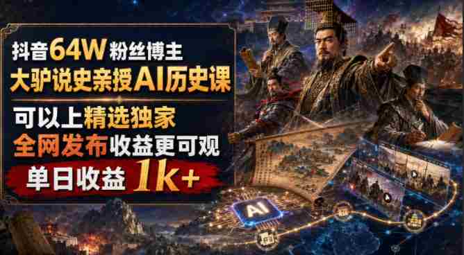 抖音64W粉丝博主大驴说史亲授AI历史课,可以上精选独家,全网发布收益更可观,单日收益1k+