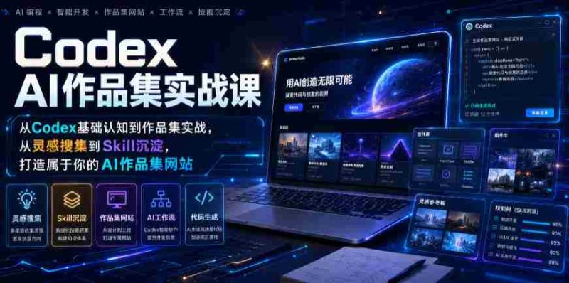Codex AI作品集实战课,从Codex基础认知到作品集实战,从灵感搜集到Skill沉淀,打造属于你的AI作品集网站-湘创网