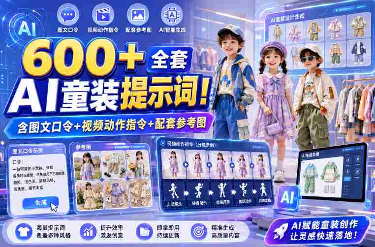 600+全套AI童装提示词！含图文口令+视频动作指令+配套参考图，Word-Excel规整分类，童装电商、种草无脑量产内容！-湘创网