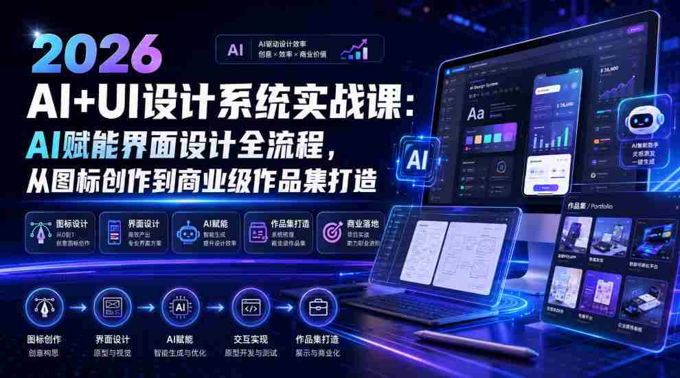 2026 AI+UI设计系统实战课：AI赋能界面设计全流程，从图标创作到商业级作品集打造-湘创网