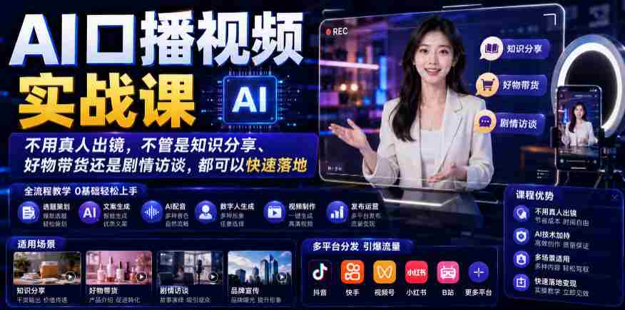 AI口播视频实战课，不用真人出镜，不管是知识分享、好物带货还是剧情访谈，都可以快速落地-湘创网