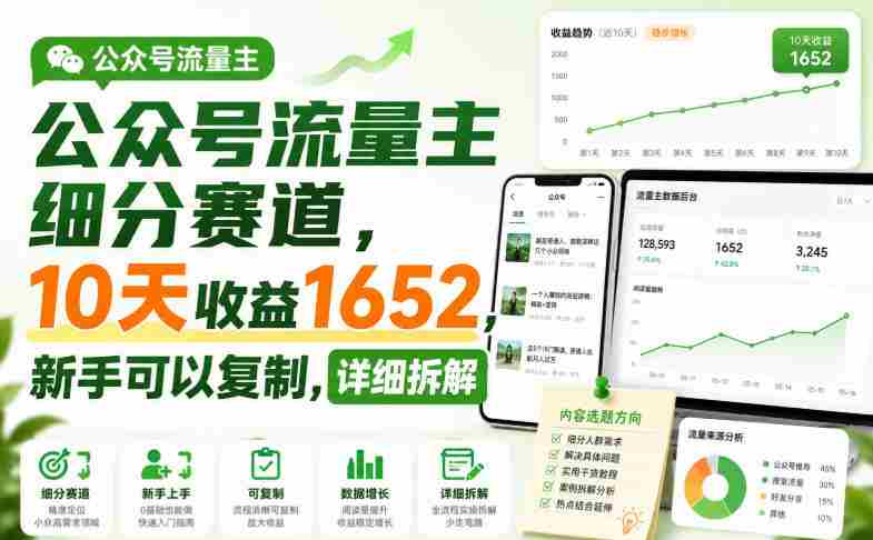 公众号流量主细分赛道,10天收益1652,新手可以复制,详细拆解-湘创网
