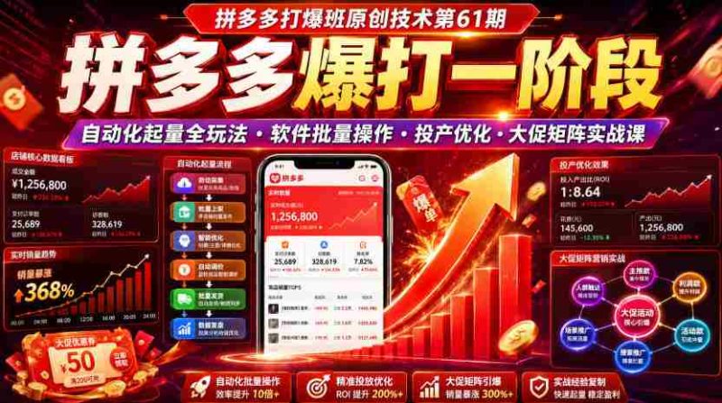 拼多多打爆班原创技术第61期,拼多多爆打一阶段,自动化起量全玩法・软件批量操作・投产优化・大促矩阵实战课-湘创网