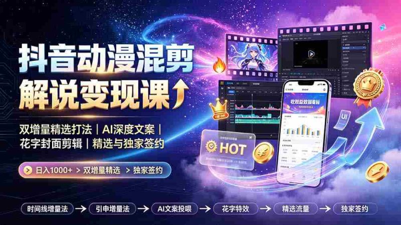 (19311期)抖音动漫混剪解说变现课:双增量精选打法|AI深度文案|花字封面剪辑| 精选与独家签约日入1000+-湘创网