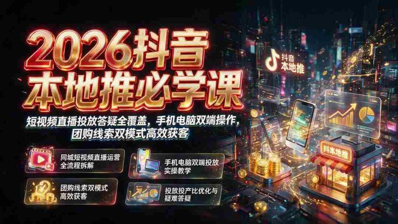 (19618期)2026抖音本地推必学课|短视频直播投放答疑全覆盖,手机电脑双端操作,团购线索双模式高效获客-湘创网