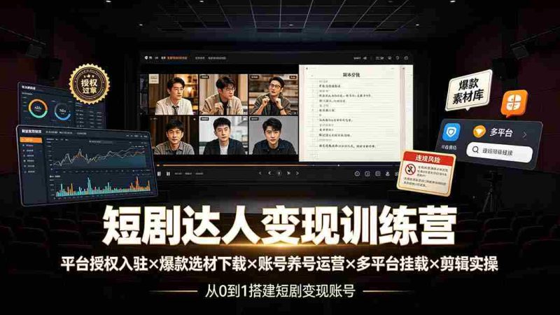 (19551期)短剧达人变现训练营:平台授权入驻×爆款选材下载×账号养号运营×多平台挂载×剪辑实操×违规处理全流程-湘创网