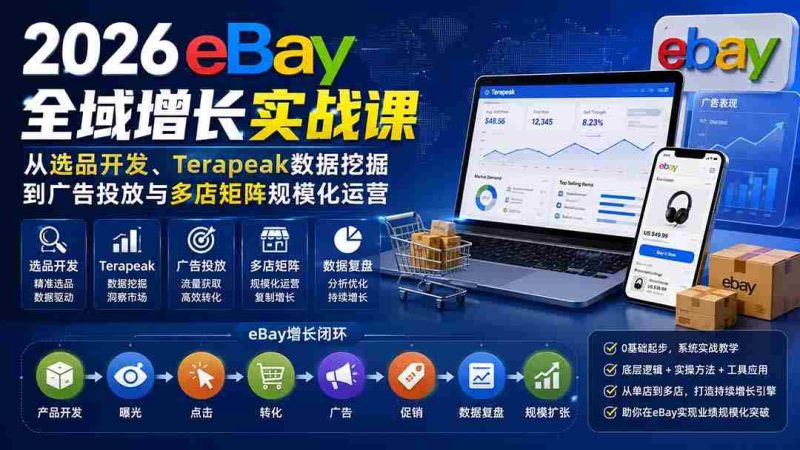 (20023期)2026-Vincent eBay全域增长实战课-无水印:从选品开发、Terapeak数据挖掘到广告投放与多店矩阵规模化运营-湘创网