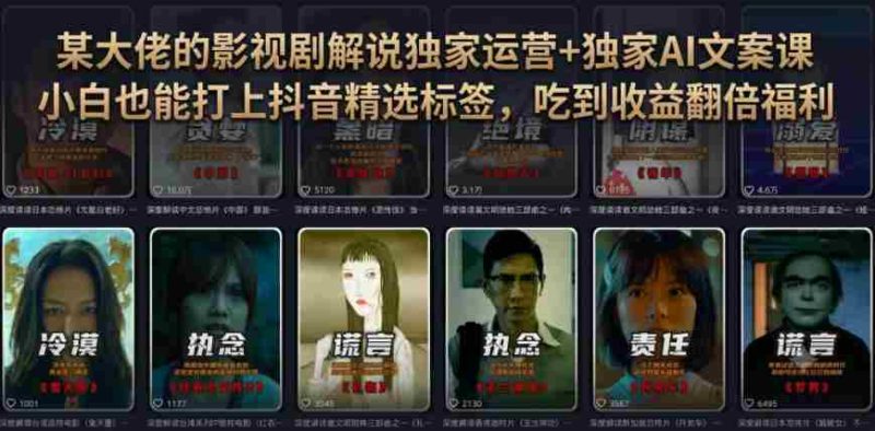 某大佬的影视剧解说独家运营+独家AI文案课,小白0粉丝也能快速打上抖音精选标签、吃到收益翻倍福利-湘创网