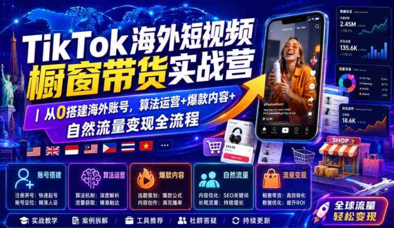 TikTok海外短视频橱窗带货实战营｜从0搭建海外账号，算法运营+爆款内容+自然流量变现全流程-湘创网
