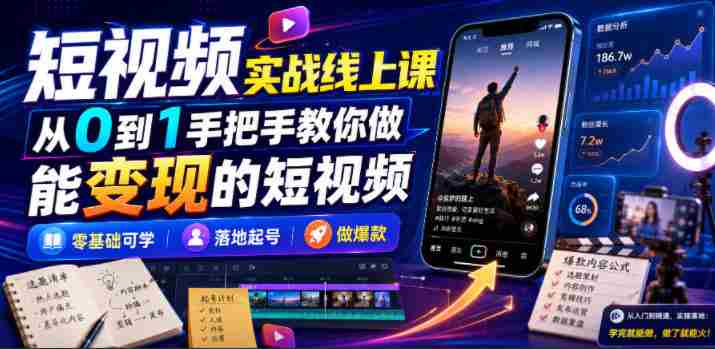 短视频实战线上课,从0到1手把手教你做能变现的短视频,零基础可学,落地起号做爆款-湘创网