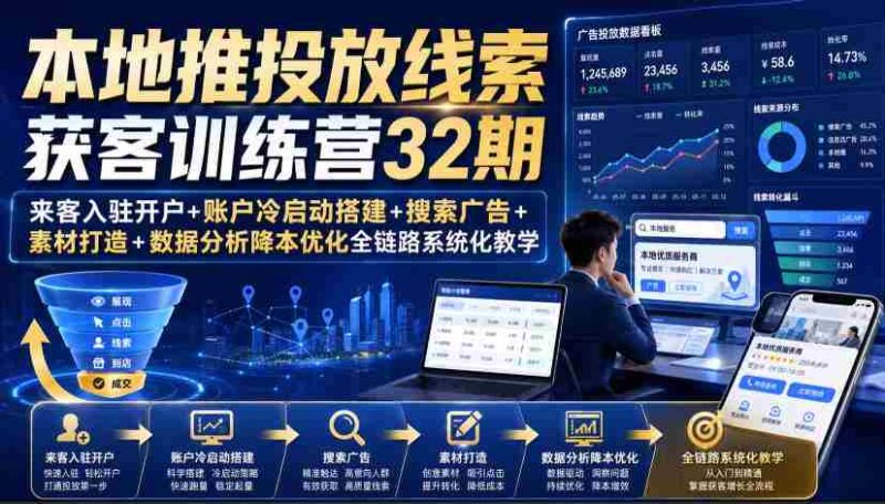 本地推投放线索获客训练营32期|来客入驻开户+账户冷启动搭建+搜索广告+素材打造+数据分析降本优化全链路系统化教学(8月全新课程)-湘创网
