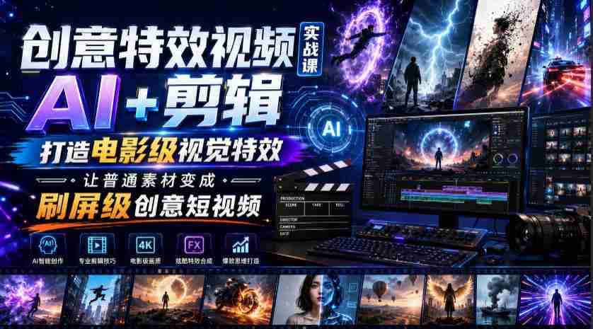创意特效视频实战课,AI+剪辑打造电影级视觉特效,让普通素材变成刷屏级创意短视频