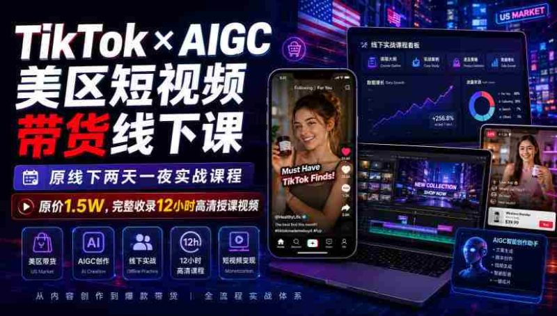 TikTok×AIGC美区短视频带货线下课,原线下两天一夜实战课程,原价1.5W,完整收录12小时高清授课视频-湘创网