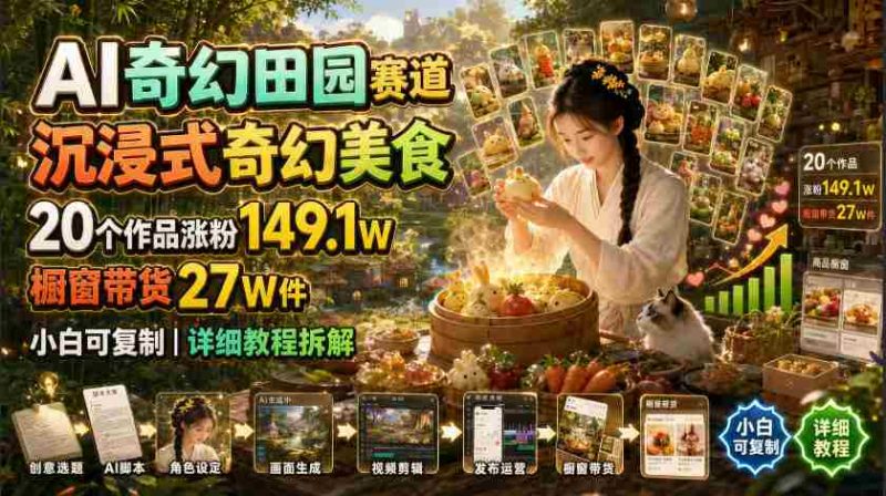 AI奇幻田园赛道,沉浸式奇幻美食,20个作品涨粉149.1W,橱窗带货27W件,小白可复制,详细教程拆解-湘创网