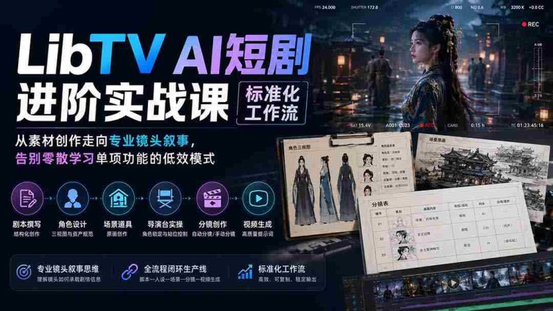 (19836期)LibTV AI短剧进阶实操课标准化工作流;从素材创作走向专业镜头叙事,告别零散学习单项功能的低效模式-湘创网