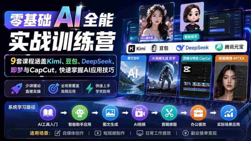 (20134期)零基础AI全能实战训练营:9套课程涵盖Kimi、豆包、DeepSeek、即梦与CapCut,快速掌握AI应用技巧-湘创网