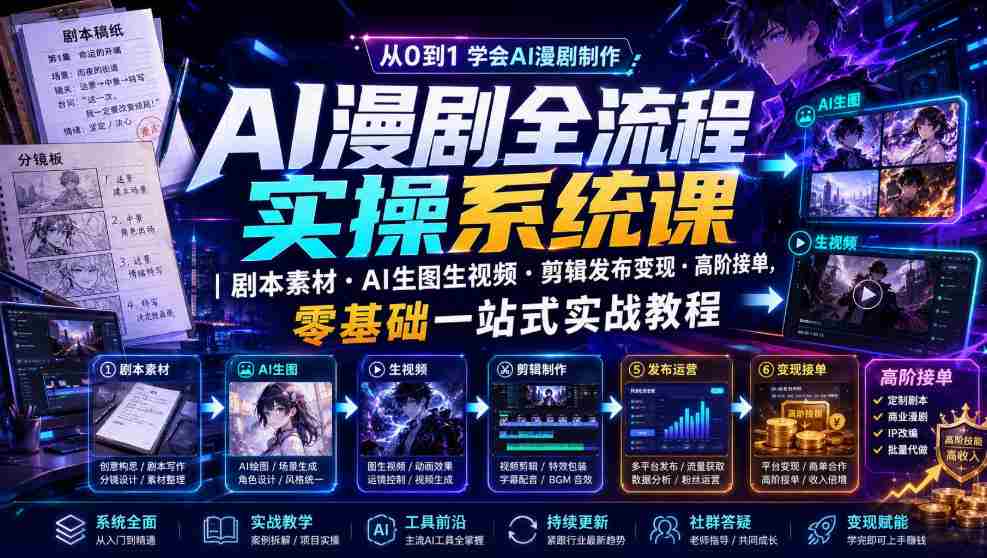 AI漫剧全流程实操系统课|剧本素材・AI生图生视频・剪辑发布变现・高阶接单,零基础一站式实战教程