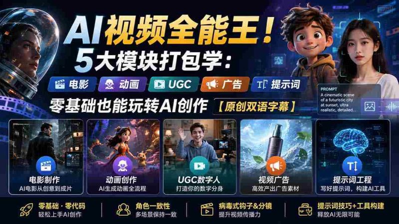 (20048期)AI视频全能王!5大模块打包学:电影、动画、UGC、广告、提示词,零基础也能玩转AI创作【原创双语字幕】-湘创网