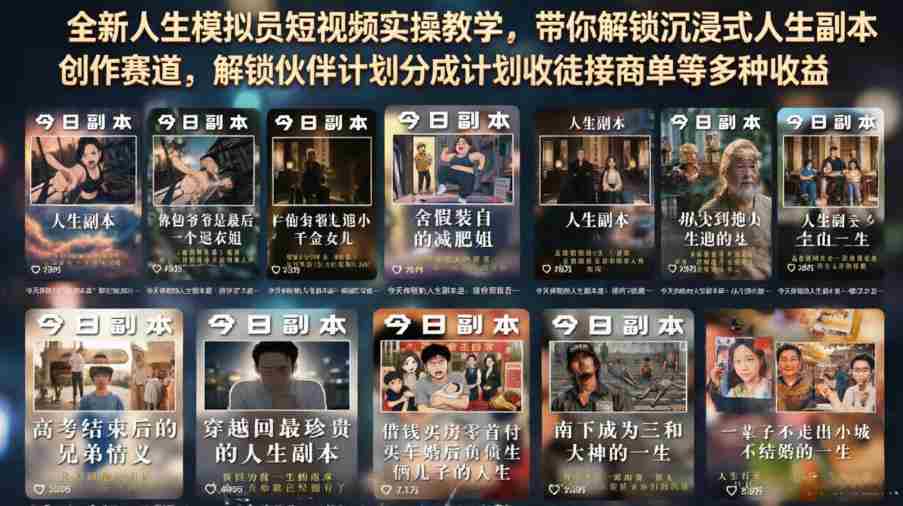 全新人生模拟员短视频实操教学,带你解锁沉浸式人生副本创作赛道,解锁伙伴计划分成计划收徒接商单等多种收益