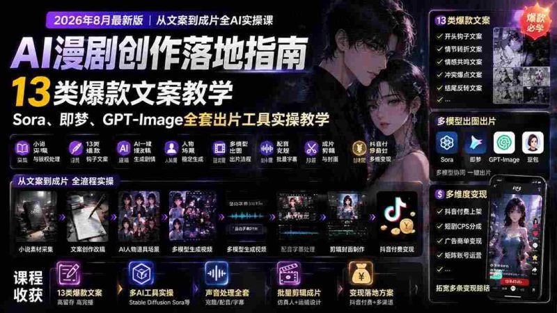 (19691期)AI漫剧创作落地指南|13类爆款文案教学,Sora、即梦、GPT-Image全套出片工具实操教学-湘创网