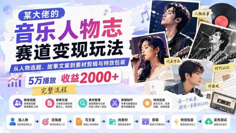 (20121期)某大佬的音乐人物志赛道变现玩法:从人物选题、故事文案到素材剪辑与特效包装,5万播放收益2000+完整流程-湘创网