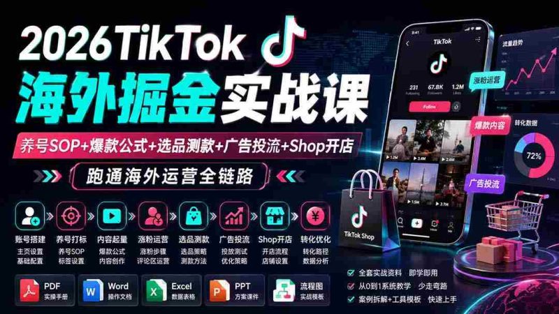 (19973期)2026TikTok海外掘金实战课——养号SOP+爆款公式+选品测款+广告投流+Shop开店,跑通海外运营全链路-湘创网