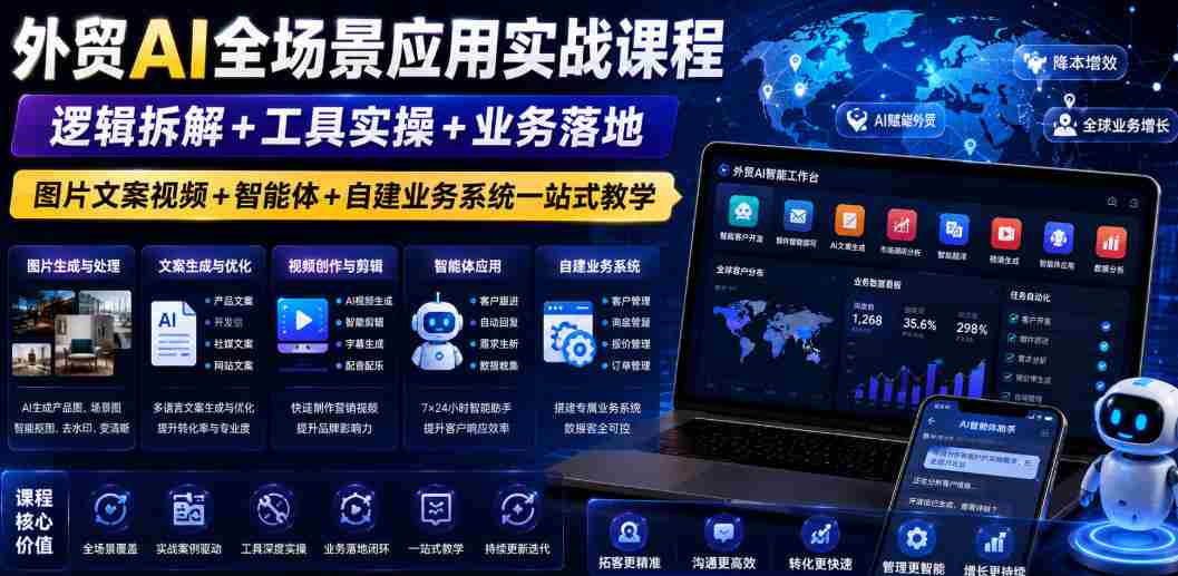 外贸AI全场景应用实战课程|逻辑拆解+工具实操+业务落地,图片文案视频+智能体+自建业务系统一站式教学