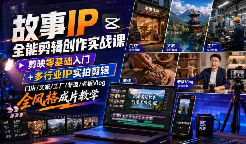 故事IP全能剪辑创作实战课|剪映零基础入门+多行业IP实拍剪辑,门店/文旅/工厂/非遗/老板Vlog全风格成片教学-湘创网