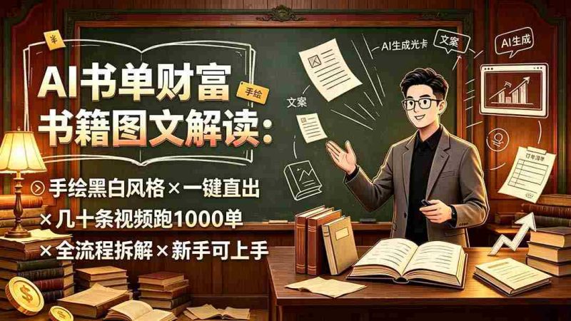 (19515期)AI书单财富书籍图文解读:手绘黑白风格×一键直出×几十条视频跑1000单×全流程拆解×新手可上手-湘创网