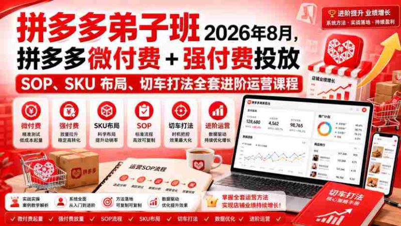 Ay干多多‑拼多多弟子班2026年8月,拼多多微付费+强付费投放SOP、SKU布局、切车打法全套进阶运营课程-湘创网