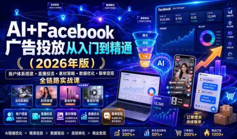 AI+Facebook广告投放从入门到精通(2026年版)|账户体系搭建・直播投流・素材策略・数据优化・聊单变现全链路实战课-湘创网