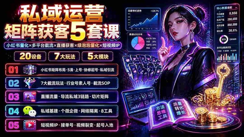 (19617期)私域运营矩阵获客5套课:小红书量化×多平台截流×直播获客×绿泡泡量化×短视频IP×20设备×7大玩法-湘创网