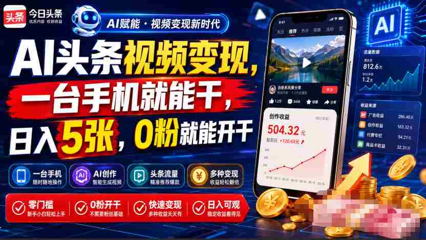 AI头条视频变现，一台手机就能干，日入5张，0粉就能开干-湘创网