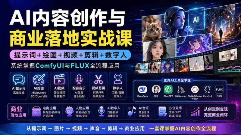(19913期)AI内容创作与商业落地实战课:提示词+绘图+视频+剪辑+数字人,系统掌握ComfyUI与FLUX全流程应用-湘创网