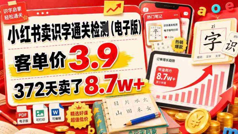 小红书卖识字通关检测(电子版),客单价3.9,372天卖了8.7w+-湘创网