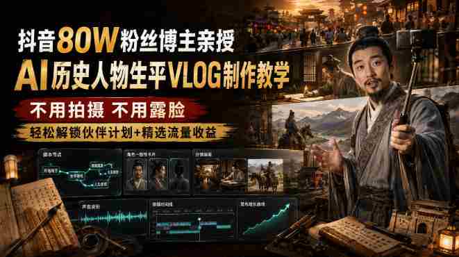 抖音80W粉丝博主的AI历史人物生平VLOG教学,不用拍摄不用露脸,AI帮你搞定,轻松解锁伙伴计划+精选收益-湘创网