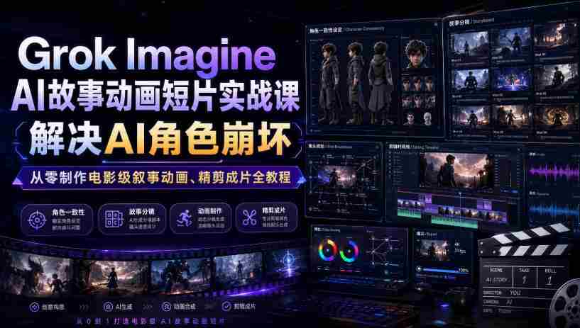 Grok Imagine AI故事动画短片实战课|解决AI角色崩坏,从零制作电影级叙事动画、精剪成片全教程(中英字幕)