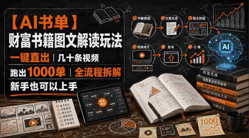 【AI书单】财富书籍图文解读玩法,一键直出,几十条视频,跑出1000单,全流程拆解,新手也可以上手