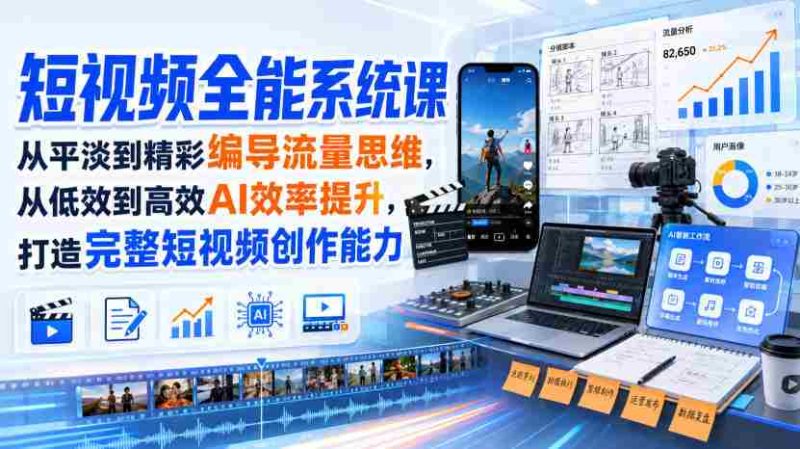 短视频全能系统课,从平淡到精彩编导流量思维,从低效到高效AI效率提升,打造完整短视频创作能力(2026年8月30更新233集)-湘创网