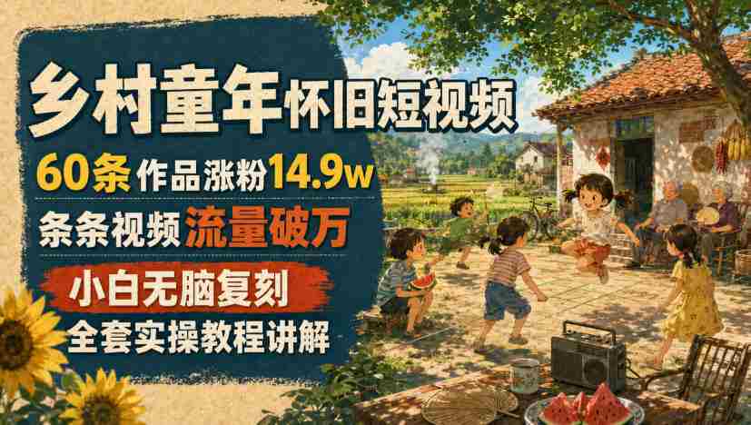 乡村童年怀旧短视频,60条作品涨粉14.9w,条条视频流量破万,小白无脑复刻,全套实操教程讲解