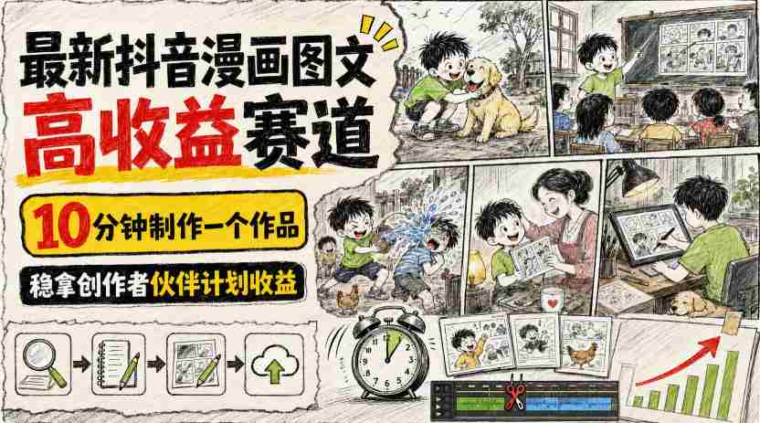 最新抖音漫画图文高收益赛道,10分钟制作一个作品,稳拿创作者伙伴计划收益