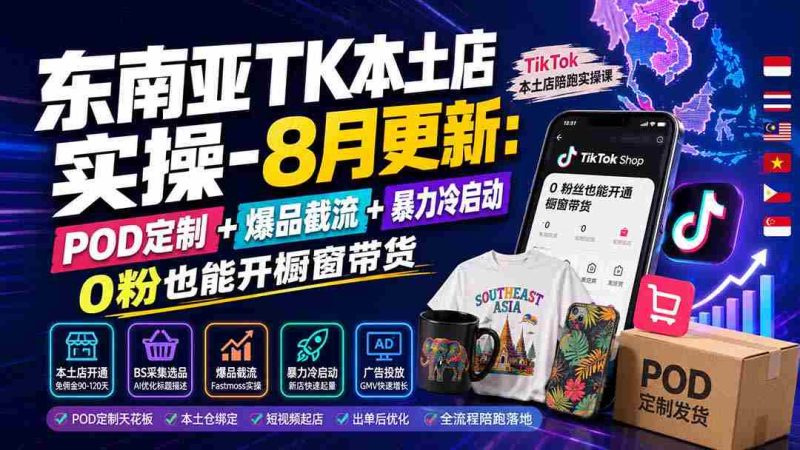 (19963期)东南亚TK本土店实操-8月更新:POD定制+爆品截流+暴力冷启动,0粉也能开橱窗带货-湘创网