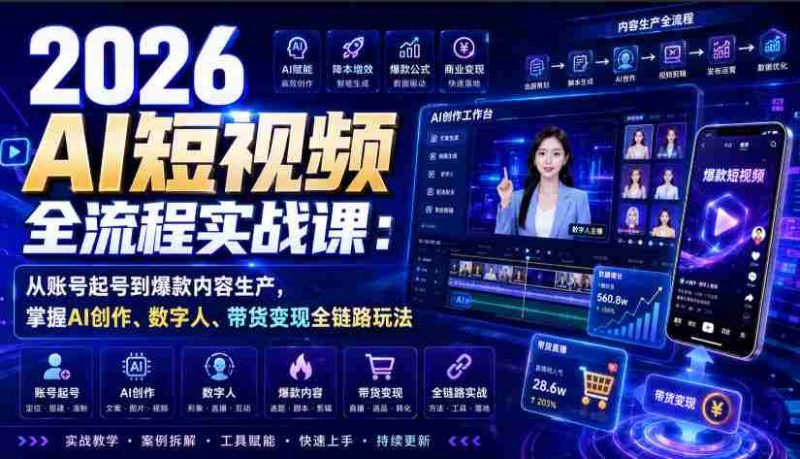 2026 AI短视频全流程实战课:从账号起号到爆款内容生产,掌握AI创作、数字人、带货变现全链路玩法-湘创网