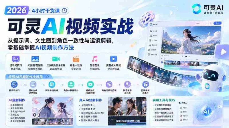 (20136期)2026可灵AI视频实战-4小时干货课:从提示词、文生图到角色一致性与运镜剪辑,零基础掌握AI视频制作方法-湘创网