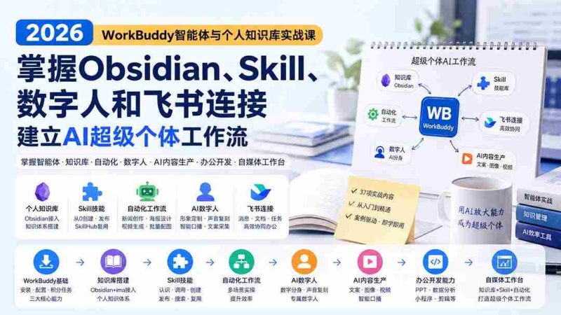 (20169期)2026 WorkBuddy智能体与个人知识库实战课:掌握Obsidian、Skill、数字人和飞书连接,建立AI超级个体工作流-湘创网