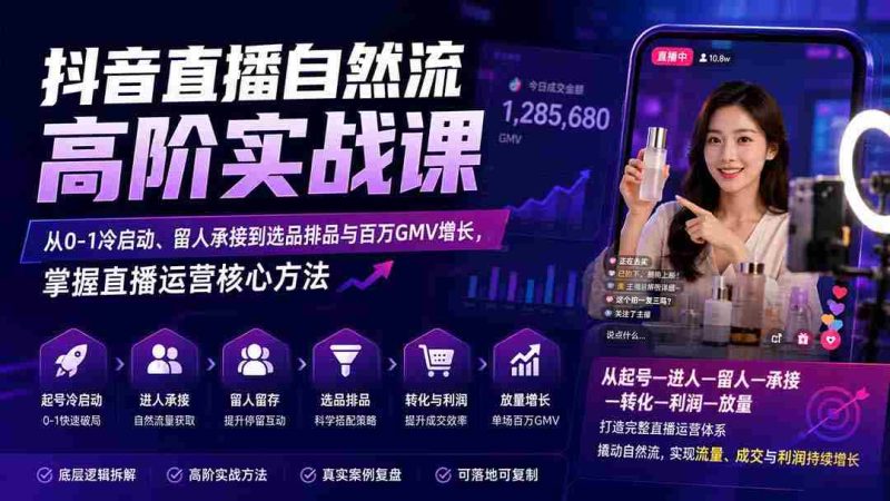 (20058期)抖音直播自然流高阶实战课:从0-1冷启动、留人承接到选品排品与百万GMV增长,掌握直播运营核心方法-湘创网