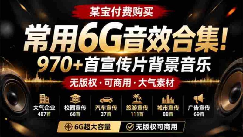 (19764期)某宝付费购买,常用6G音效合集!970+首宣传片背景音乐,无版权可商用大气素材,分类清晰,高质量内容-湘创网