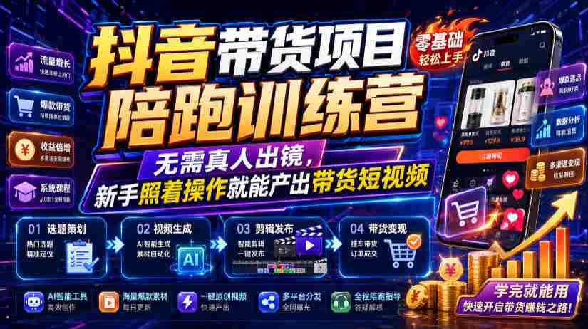 抖音带货项目陪跑训练营,无需真人出镜,新手照着操作就能产出带货短视频