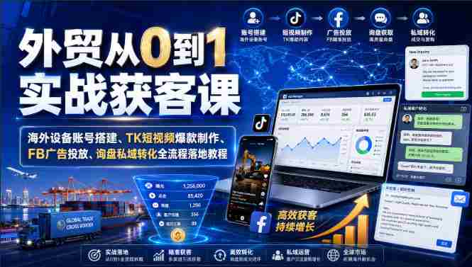 外贸从0到1实战获客课|海外设备账号搭建、TK短视频爆款制作、FB广告投放、询盘私域转化全流程落地教程-湘创网
