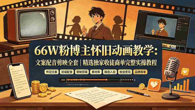 (19499期)66W粉博主怀旧动画教学:文案配音剪映全套|精选独家收徒商单完整实操教程-湘创网